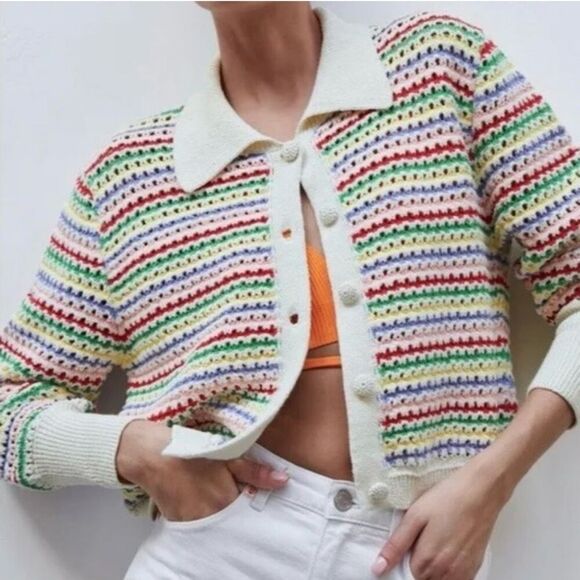 Zara Lapel Collar Rainbow Stripe Short Sleeve Cardigan Sweater Sz M EUC - Picture 1 of 7